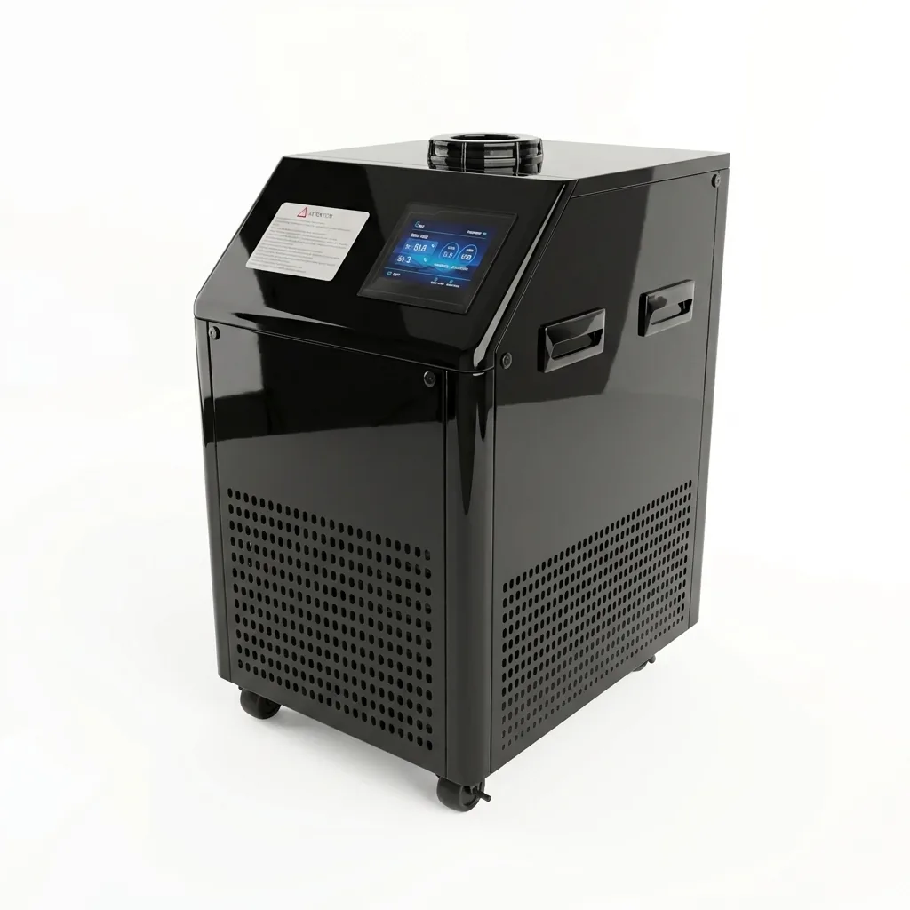 Air conditioning unit — glossy black portable cabinet on casters with touchscreen control panel, side handles, and perforated ventilation grilles