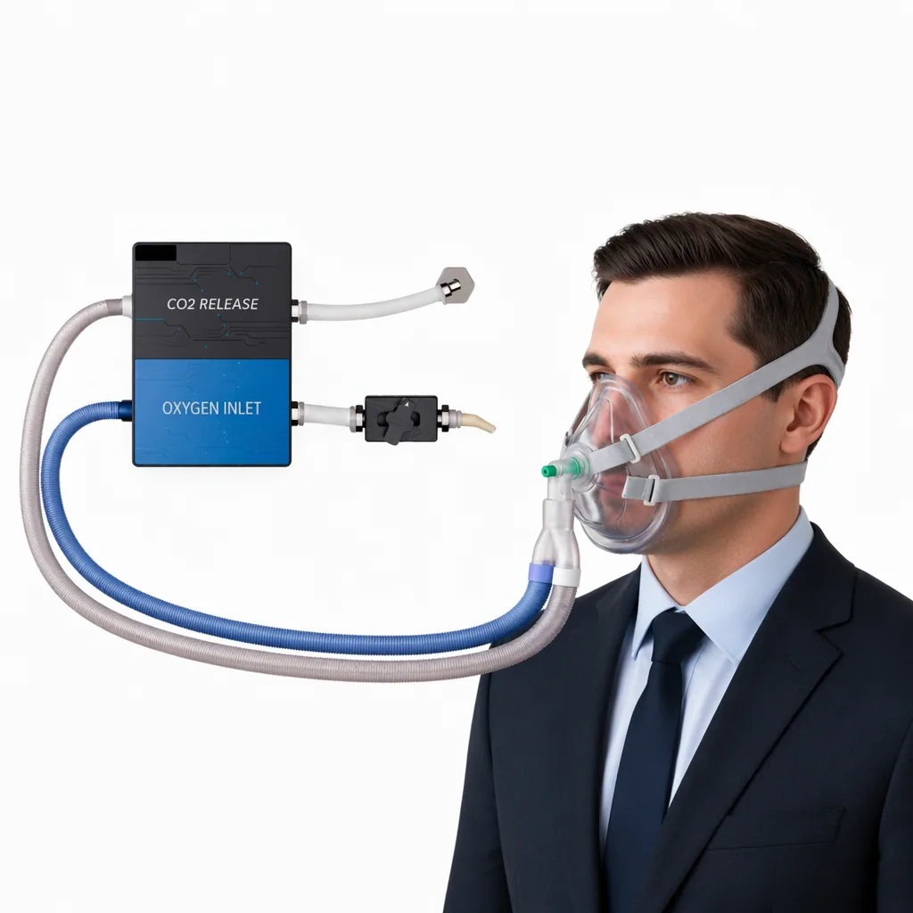Lightweight high-flow BIBS oxygen delivery system — a user wearing a facemask connected to oxygen inlet and O2 release modules with dual-compatible tubing