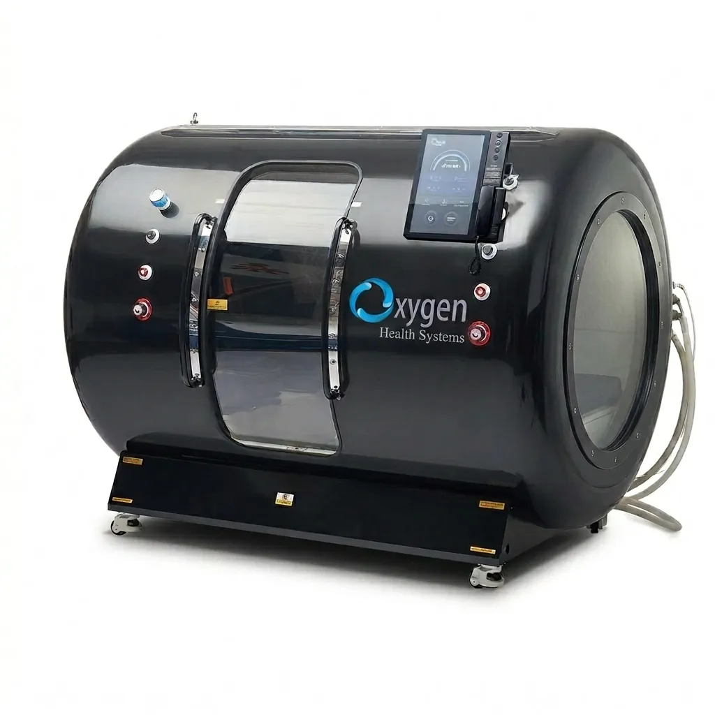 64 inch by 99 inch black hard-shell multiplace hyperbaric oxygen chamber with chrome handles, side window, and touchscreen control panel