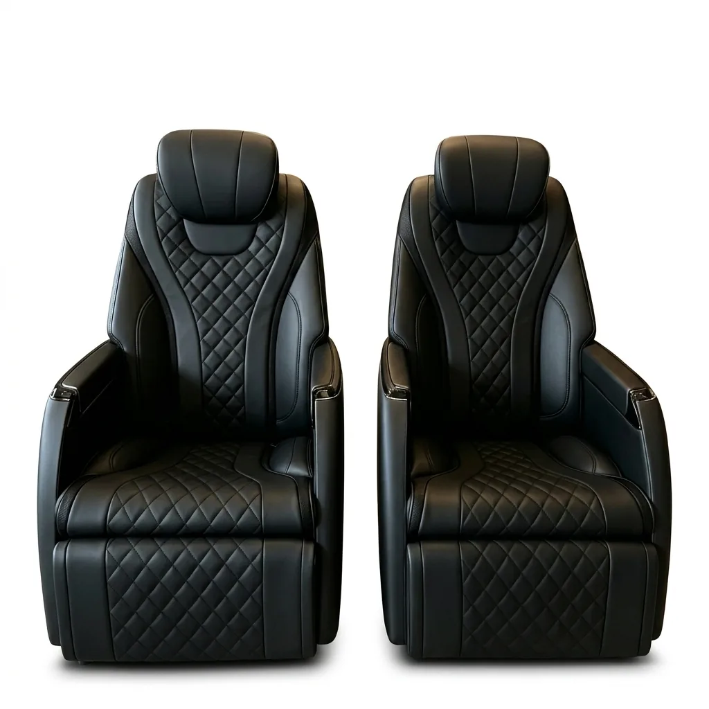 Premium business-inspired fully adjustable comfort seating in black — two quilted black leather captain's chairs with diamond stitching, integrated headrests, and padded armrests