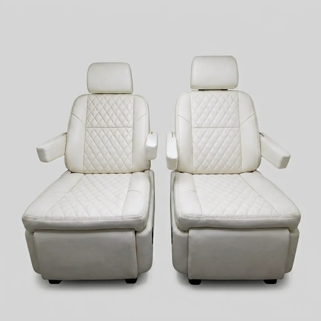 Premium business-inspired fully adjustable comfort seating in cream — two quilted ivory leather captain's chairs with diamond stitching, integrated headrests, and padded armrests