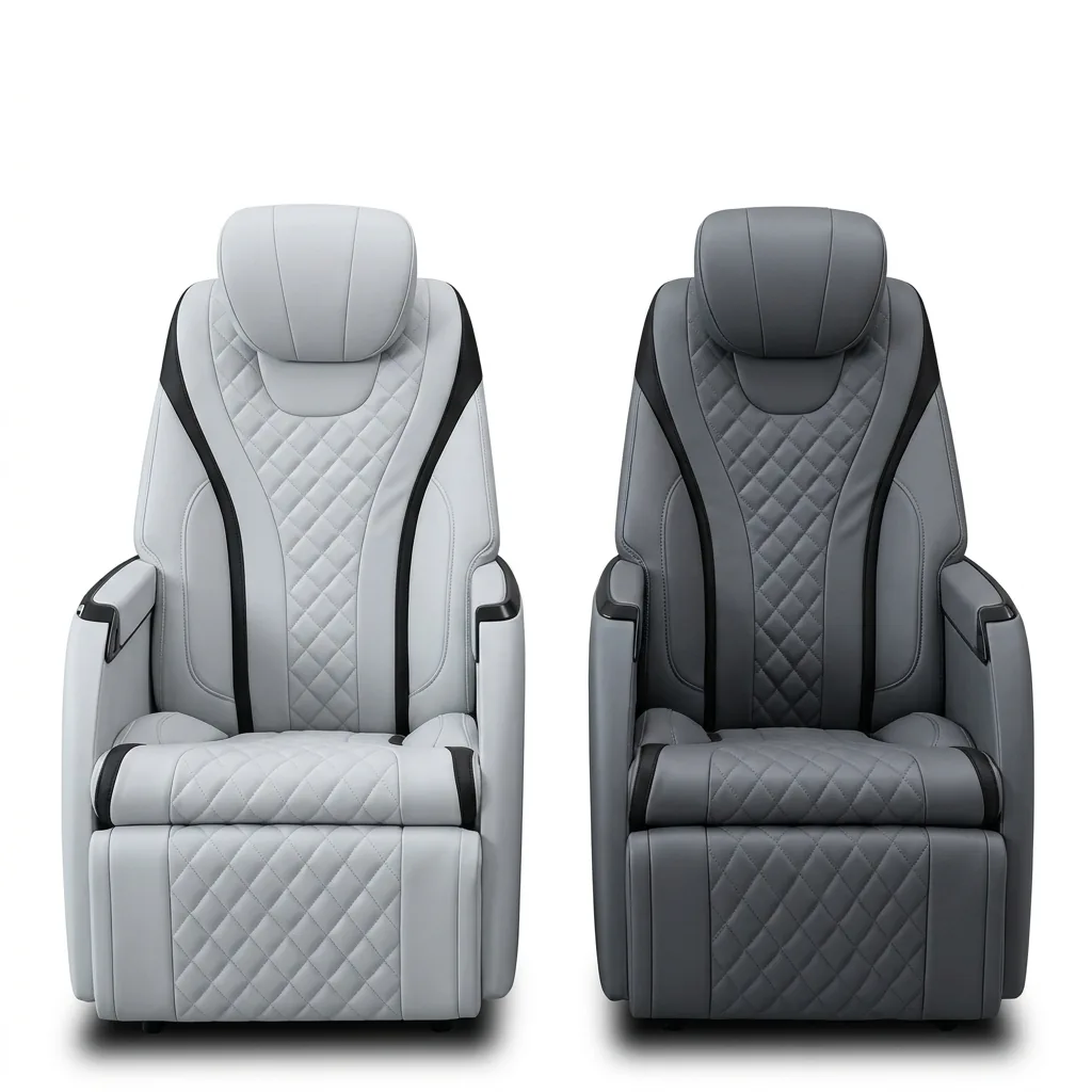 Premium business-inspired fully adjustable comfort seating in gray — two quilted leather captain's chairs in light gray and dark gray with integrated headrests and padded armrests