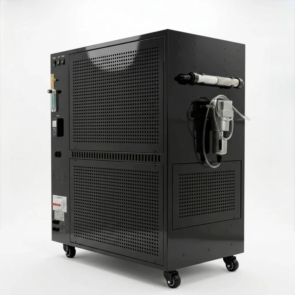Dual all-in-one smart controller unit — glossy black floor cabinet on casters with control panel, oxygen concentrator, filter, and tubing
