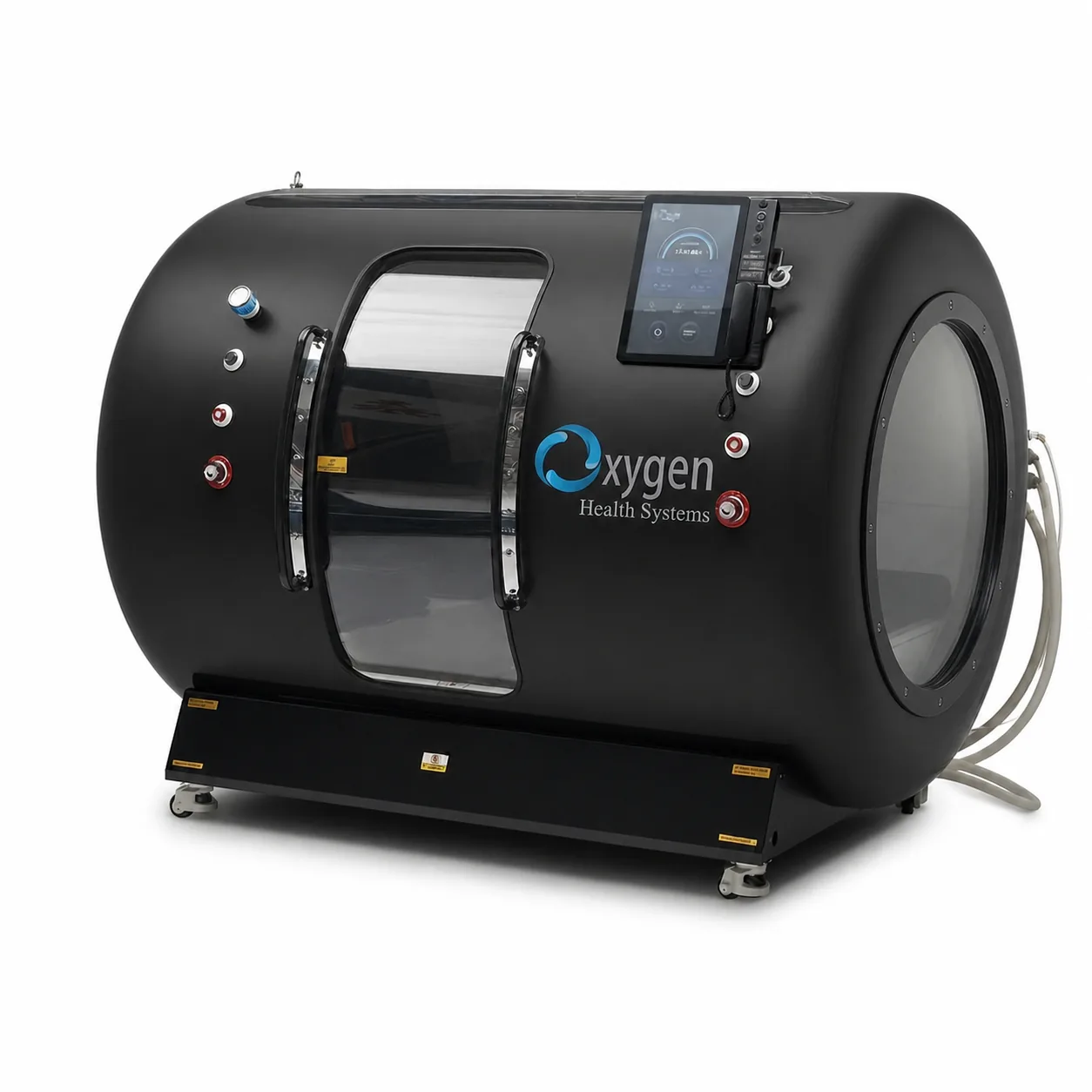 Matte black OxyVista multiplace hyperbaric oxygen chamber with chrome handles, side window, touchscreen controller, and porthole