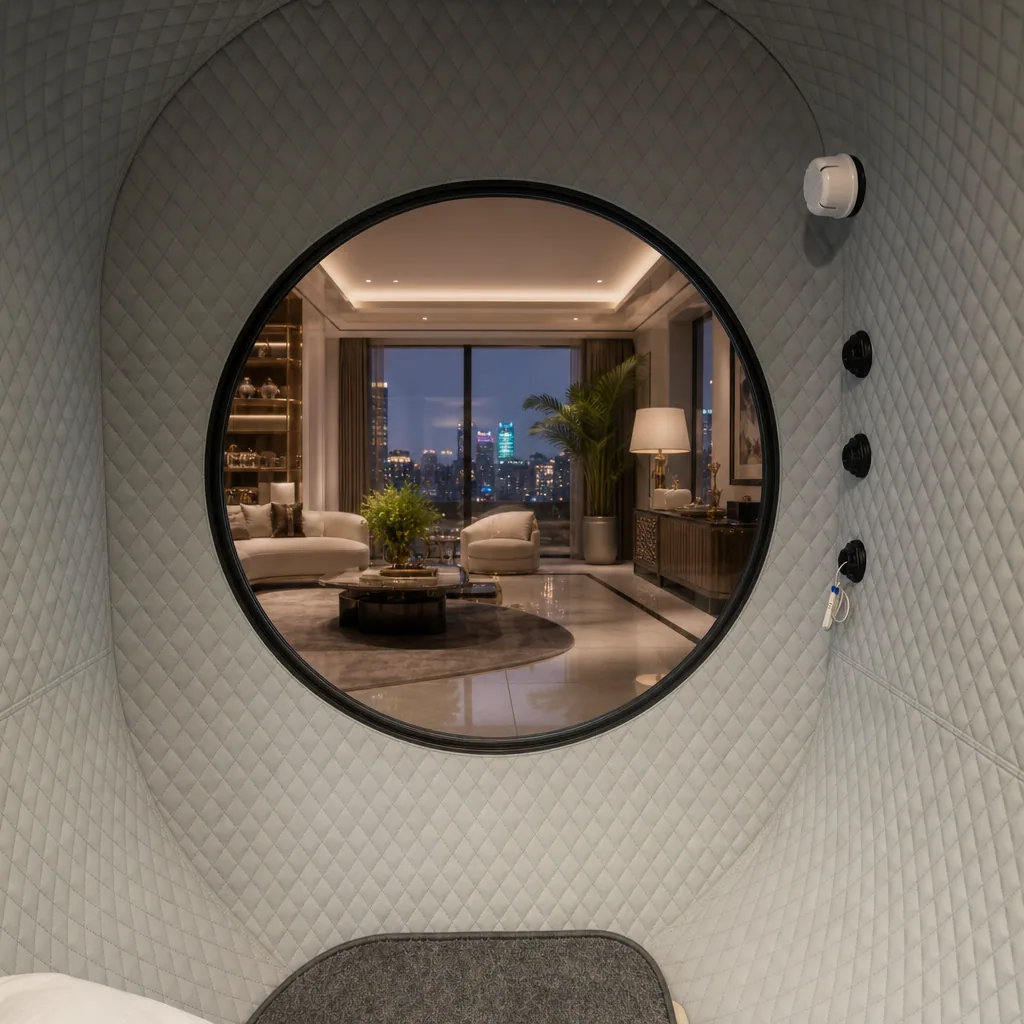 Interior view of the OxyVista chamber showing quilted gray leather lining and a large round porthole window overlooking a luxury living room at dusk