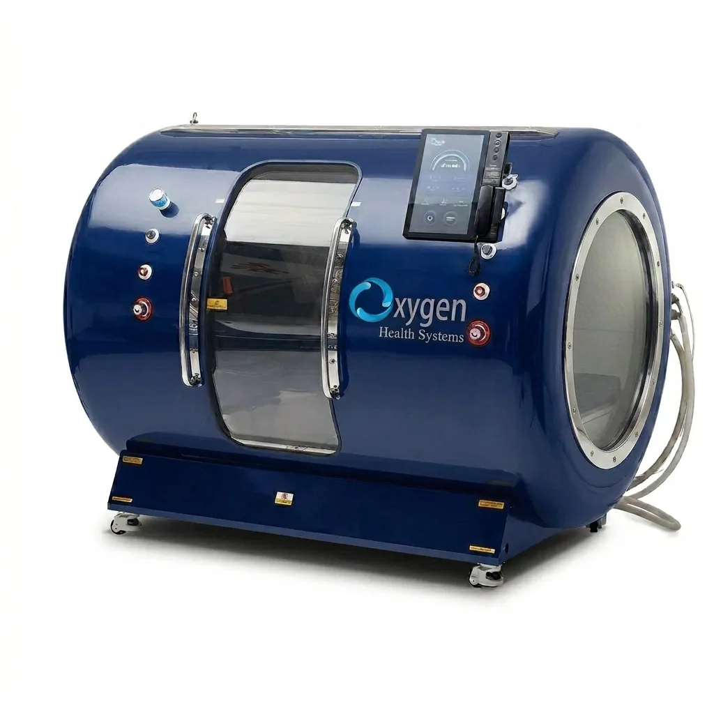Glossy navy blue OxyVista multiplace hyperbaric oxygen chamber with chrome handles, side window, touchscreen controller, and porthole