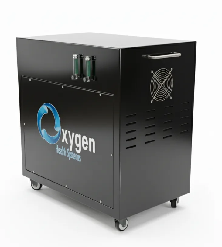 Second 20 LPM oxygen generator — glossy black portable cabinet on casters with flow meters on top, side cooling fan, chrome handle, and Oxygen Health Systems branding