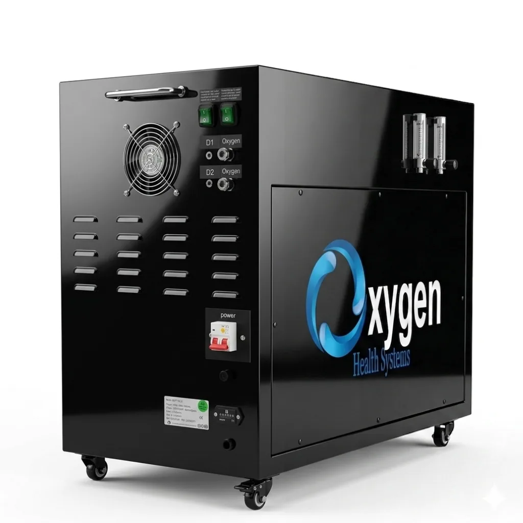 Second 20 LPM oxygen generator — glossy black portable cabinet on casters with dual D1/D2 oxygen outlets, flow meters, cooling fan, and Oxygen Health Systems branding